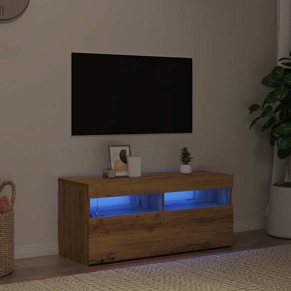 vidaXL TV-kaappi LED-valoilla k&auml;sity&ouml;l&auml;inen tammi 90x35x40 cm