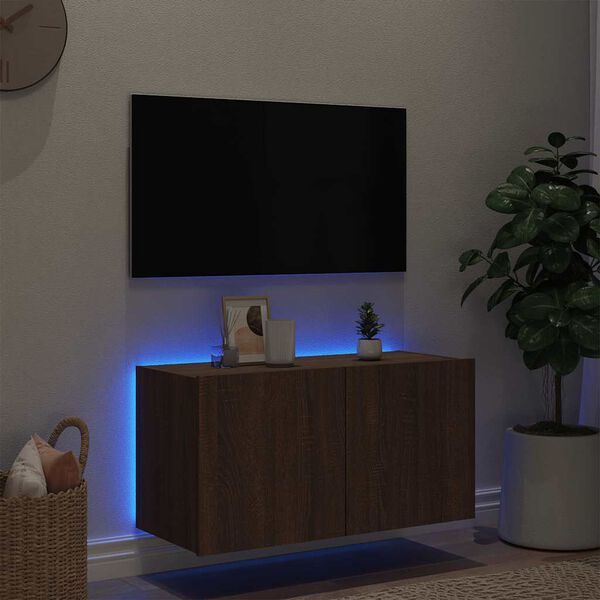 vidaXL TV-seinäkaappi LED-valoilla ruskea tammi 80x35x41 cm