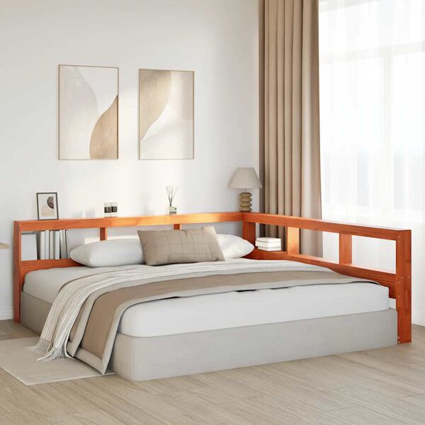 vidaXL Kirjahyllyn p&auml;&auml;ty L-muotoinen vaharuskea 200cm massiivipuum&auml;nty