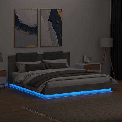 vidaXL Sängynrunko päädyllä ja LED-valoilla betoninharmaa 160x200 cm