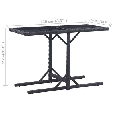 vidaXL Puutarhapöytä musta 110x53x72 cm lasi ja polyrottinki
