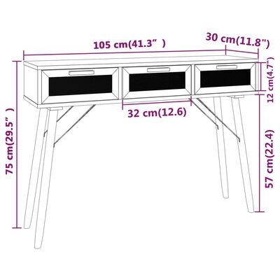 vidaXL Konsolipöytä musta 105x30x75 cm täysi mänty ja rottinki