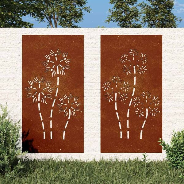 vidaXL Puutarhasein&auml;koristeet 2 kpl 105x55 cm corten ter&auml;s kukkakuvio