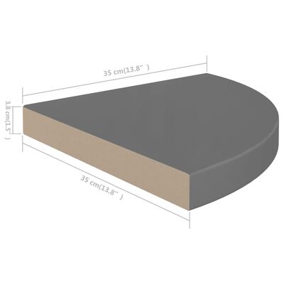 vidaXL Kelluva kulmahylly korkeakiilto harmaa 35x35x3,8 cm MDF