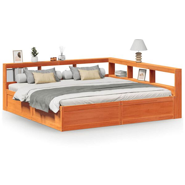 vidaXL Sänky kirjahyllyllä ei patjaa vahanrusk. 200x200 cm täysi mänty