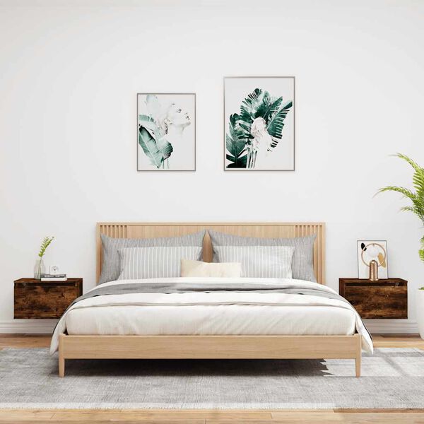 vidaXL Seinäkiinnitettävät yöpöydät LED-valoilla 2 kpl savutammi