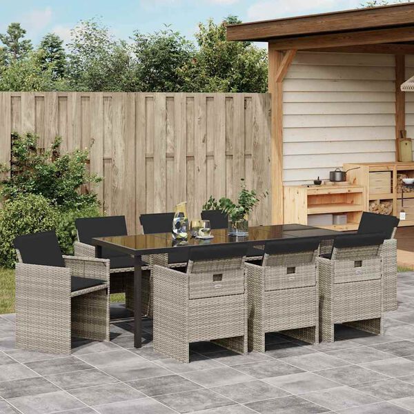 vidaXL Piharuokailu setti 9 pcs Vaaleanharmaa polyrottinki