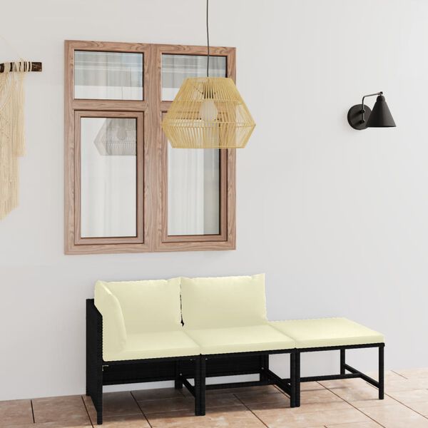 vidaXL 3-osainen Puutarhasohvasarja tyynyill&auml; polyrottinki musta