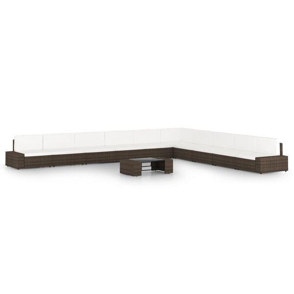 vidaXL 11-osainen Puutarhasohvasarja tyynyill&auml; ruskea polyrottinki