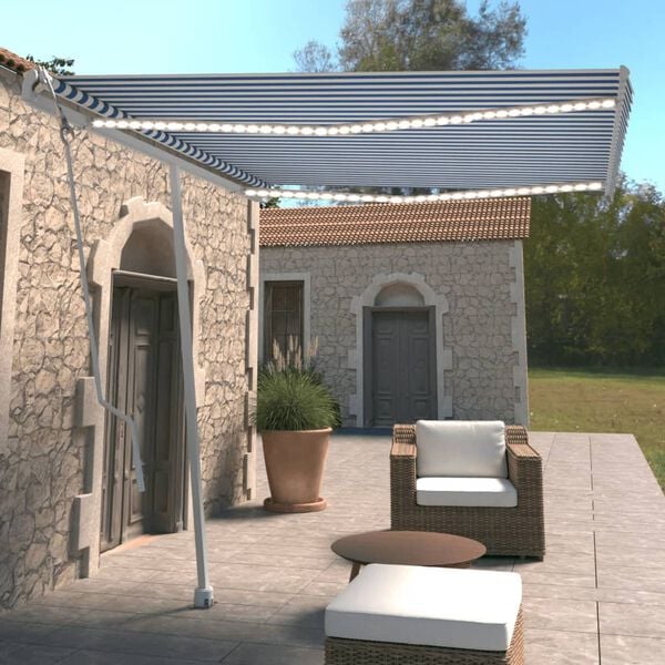 vidaXL Sis&auml;&auml;nkelattava markiisi LED/tuulisensori 300x250 cm sinivalk.