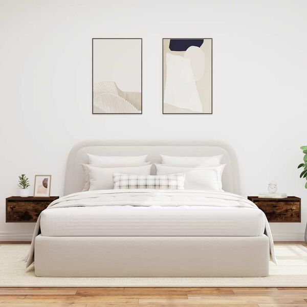 vidaXL Seinäkiinnitettävät yöpöydät LED-valoilla 2 kpl savutammi