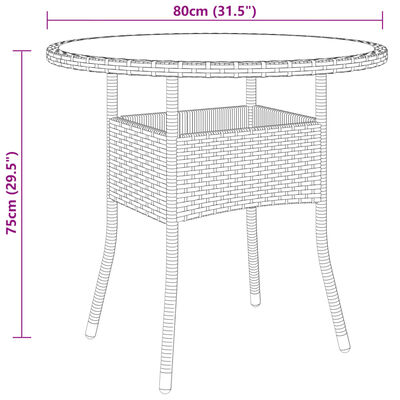 vidaXL Puutarhapöytä Ø80x75 cm karkaistu lasi ja polyrottinki harmaa