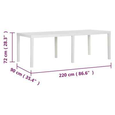 vidaXL Puutarhapöytä 220x90x72 cm PP valkoinen