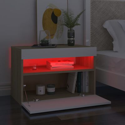 vidaXL Yöpöytä LED-valoilla 2 kpl valkoinen ja Sonoma-tammi 60x35x40cm