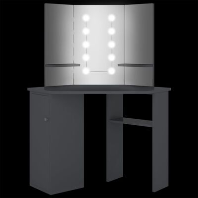 vidaXL Meikkipöytä kulmaan LED-valoilla harmaa 111x54x141,5 cm