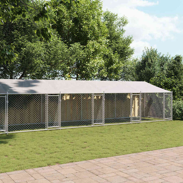 vidaXL Koiranh&auml;kki katolla ja ovilla harmaa 12x2x2 m galvanoitu ter&auml;s