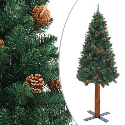 vidaXL Kapea joulukuusi aito puu ja kävyt esivalaistu vihreä 210 cm