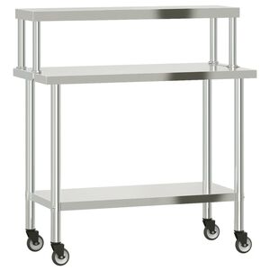 vidaXL Keitti&ouml;n ty&ouml;p&ouml;yt&auml; yl&auml;hyllyll&auml; 110x55x120 cm ruostumaton ter&auml;s