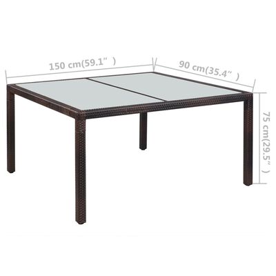 vidaXL Puutarhapöytä 150x90x75 cm ruskea polyrottinki ja lasi