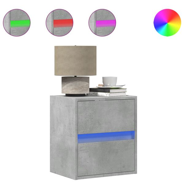 vidaXL Seinäkiinnitettävä yöpöytä LED-valoilla betoninharmaa
