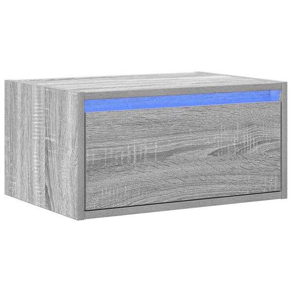 vidaXL Seinäkiinnitettävä yöpöytä LED-valoilla harmaa Sonoma