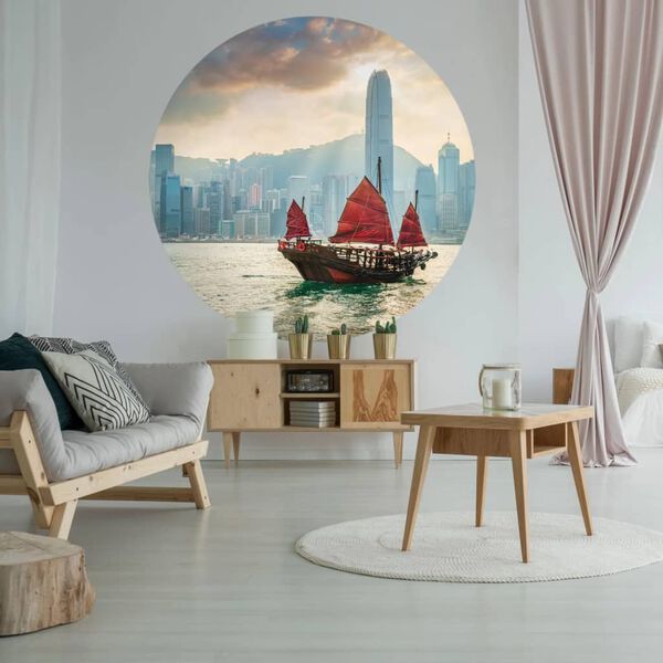 WallArt Tapetti ympyrä Skyline with Junk Boat 190 cm