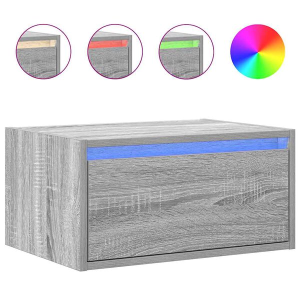 vidaXL Seinäkiinnitettävä yöpöytä LED-valoilla harmaa Sonoma