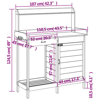 vidaXL Istutuspöytä kaapilla harmaa 110,5x45x124,5 cm täysi kuusi