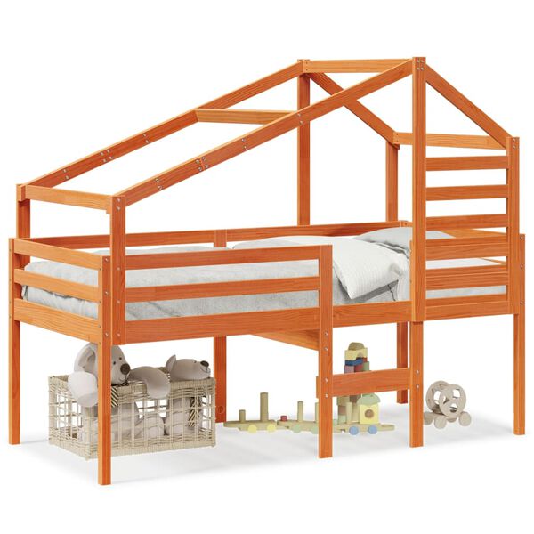 vidaXL Korotettu sänky katolla vahanruskea 90x200 cm täysi mänty