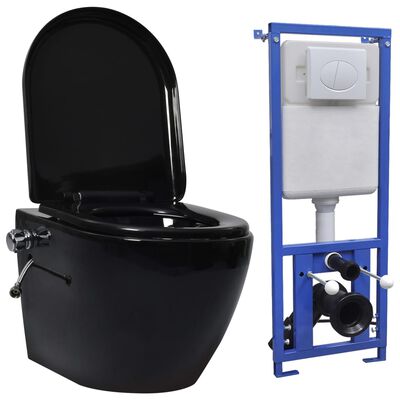 vidaXL Seinäkiinnitettävä WC piilotetulla säiliöllä keraami musta