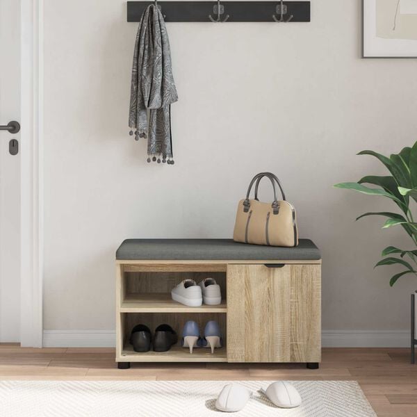 vidaXL Halli penkki tyynyll&auml; hyllyll&auml; Sonoman tammi 80 x 38 x 46 cm