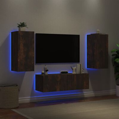 vidaXL 3-osainen TV-seinäkaappisarja LED-valoilla savutammi