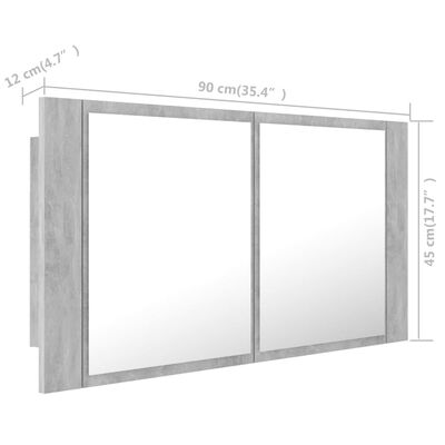 vidaXL Kylpyhuoneen LED peilikaappi betoninharmaa 90x12x45 cm akryyli