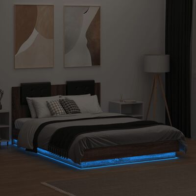 vidaXL Sängynrunko päädyllä ja LED-valoilla ruskea tammi 140x190 cm