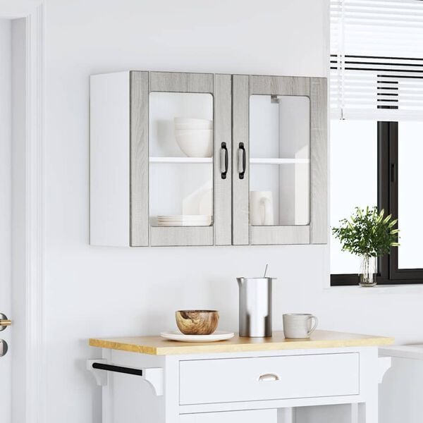 vidaXL Keitti&ouml;n sein&auml;kaappi lasiovella "Lucca" harmaa Sonoma tekninen puu