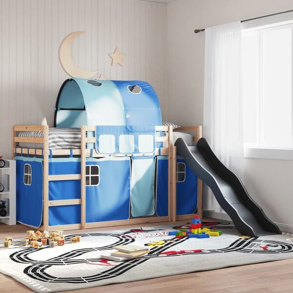 vidaXL Kerrossänky liukumäellä ja verhoilla sininen 90x190 cm