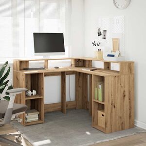vidaXL Ty&ouml;p&ouml;yt&auml; LED-valoilla artesaani tammi 130x130x91cm tekninen puu