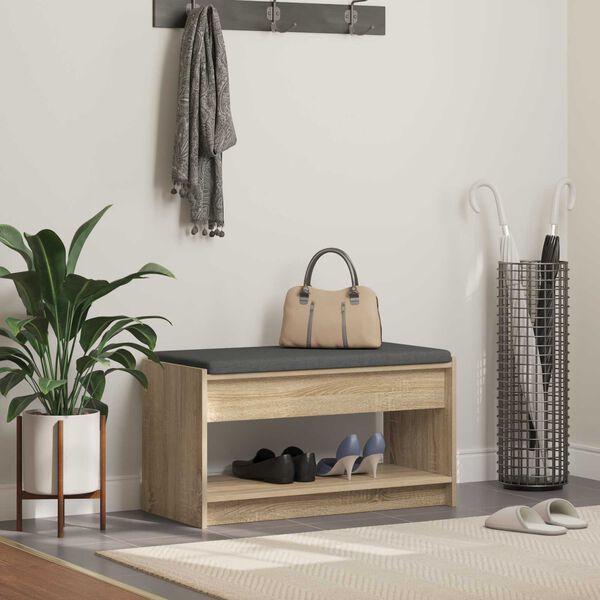 vidaXL Halli penkki tyynyll&auml; hyllyll&auml; Sonoman tammi 83 x 38 x 45 cm