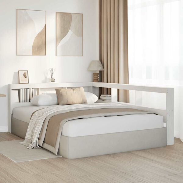 vidaXL Kirjahyllyn p&auml;&auml;ty L-muotoinen valkoinen 140 cm massiivipuum&auml;nty