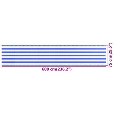 vidaXL Parvekkeen suoja sininen ja valkoinen 75x600 cm HDPE