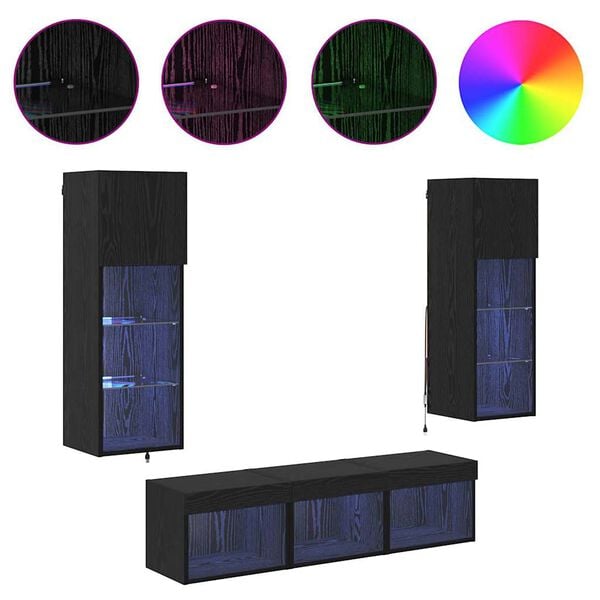 vidaXL TV-sein&auml;kkeet LED -nauhavalot 5 pcs Musta tammi. Tekninen puu