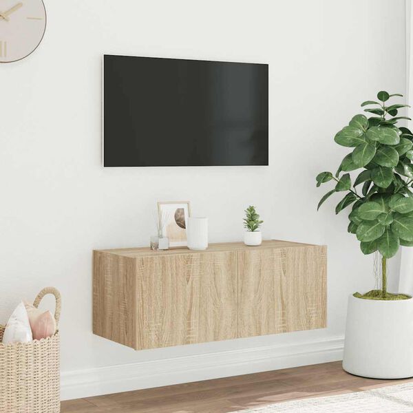 vidaXL TV-seinäkaappi LED-valoilla Sonoma-tammi 80x35x31 cm