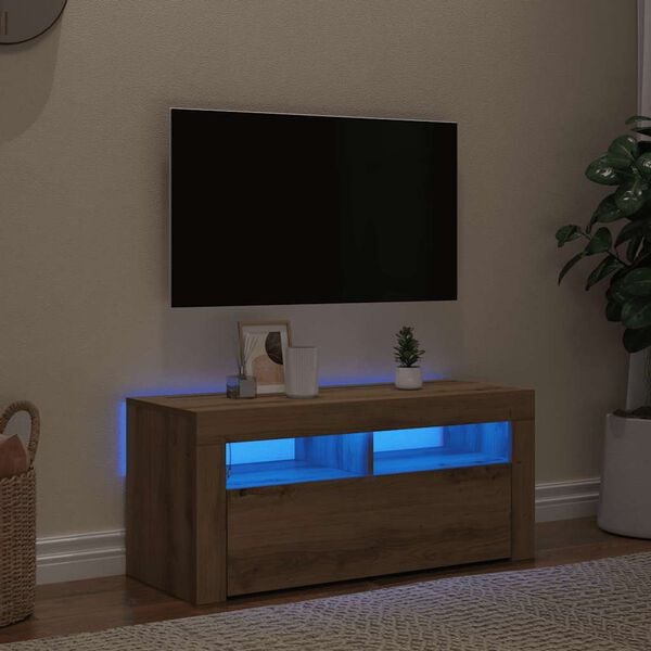 vidaXL TV-kaappi LED-valoilla k&auml;sity&ouml;l&auml;inen tammi 90x35x40 cm