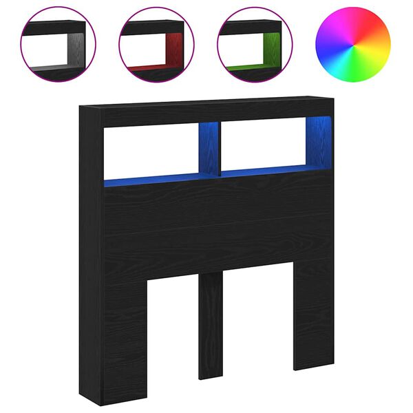 vidaXL Sängynpäätykaappi LED-valoilla musta tammi 100x17x102 cm