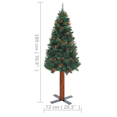 vidaXL Kapea joulukuusi aito puu ja kävyt esivalaistu vihreä 180 cm