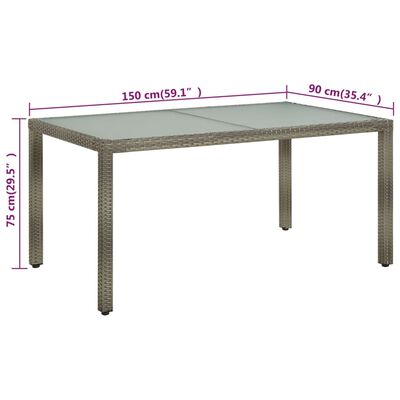vidaXL Puutarhapöytä 150x90x75cm karkaistu lasi ja polyrottinki harmaa