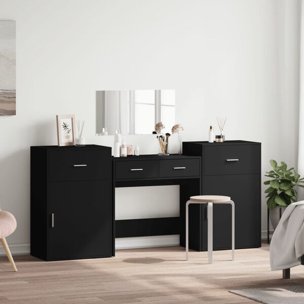 vidaXL 4-osainen Meikkipöytäsarja musta tekninen puu