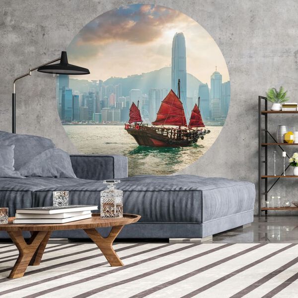 WallArt Tapetti ympyrä Skyline with Junk Boat 190 cm