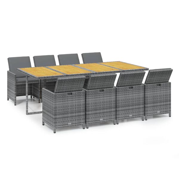 vidaXL 9-osainen Ulkoruokailuryhm&auml; tyynyill&auml; polyrottinki harmaa