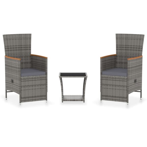 vidaXL 3-osainen Puutarhasohvasarja tyynyillä polyrottinki harmaa